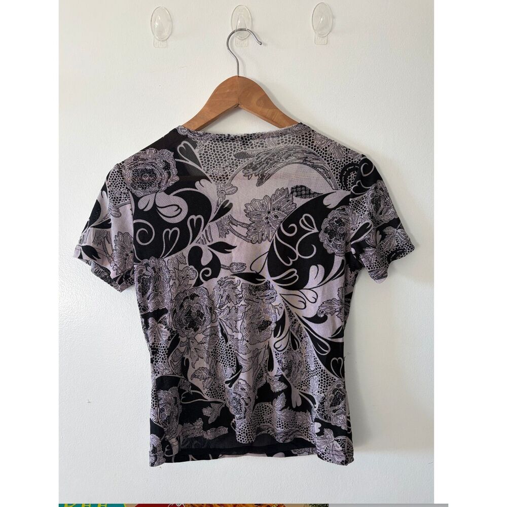 AMERICAN VINTAGE Y2K Floral Sequin Embroidered Mesh Lace Trim Top Womens Small